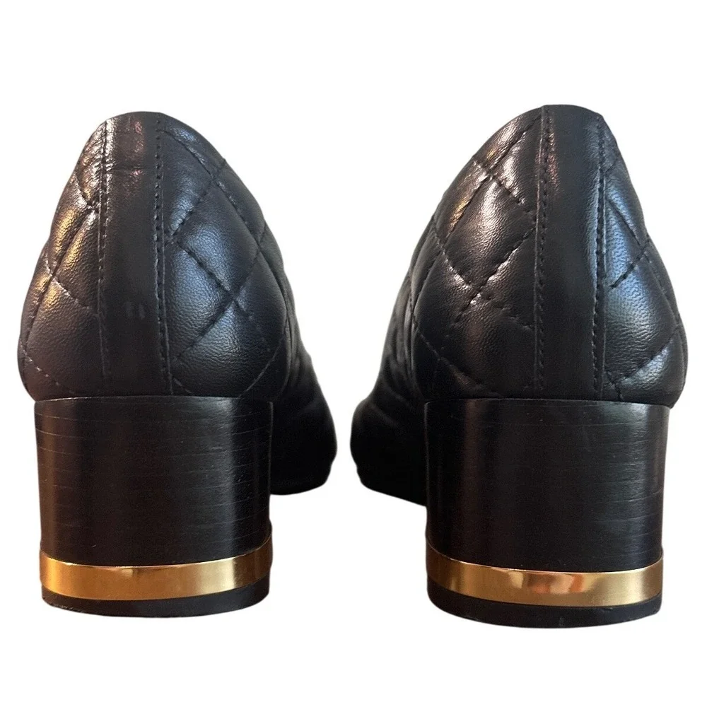 Tory Burch Claire Quilted Block Heel Pumps Black Gold Logo Leather Size 8